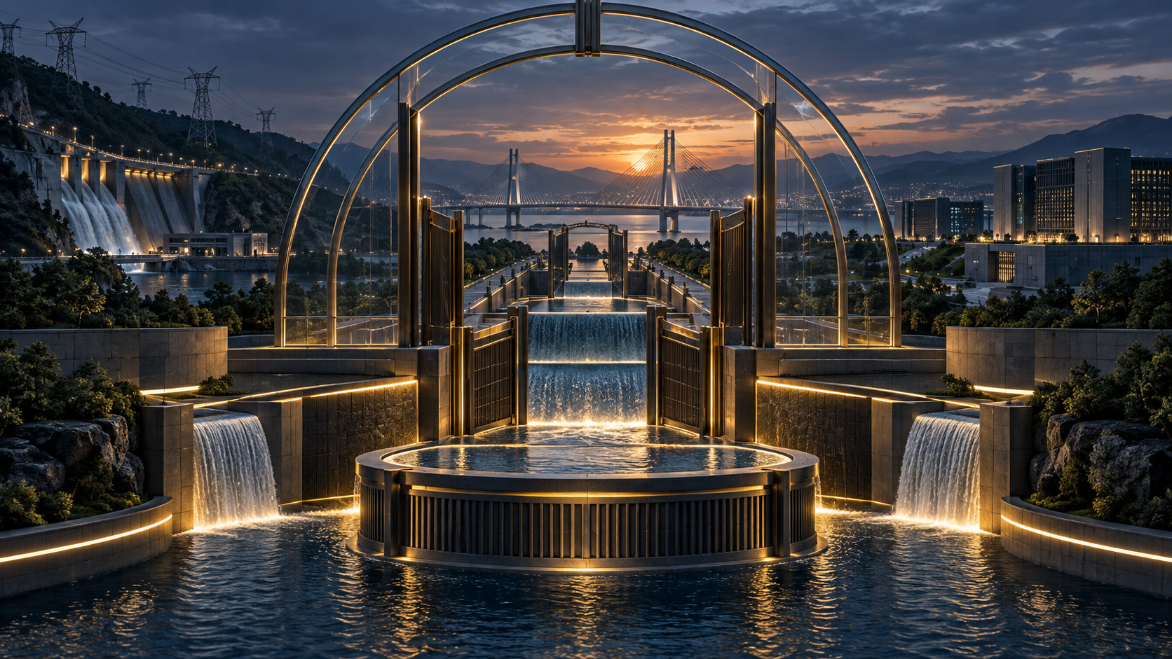 Layered golden gates protect water, power, transport and digital infrastructure, representing cash controls, liquidity reserves and proportionate creditor remedies.