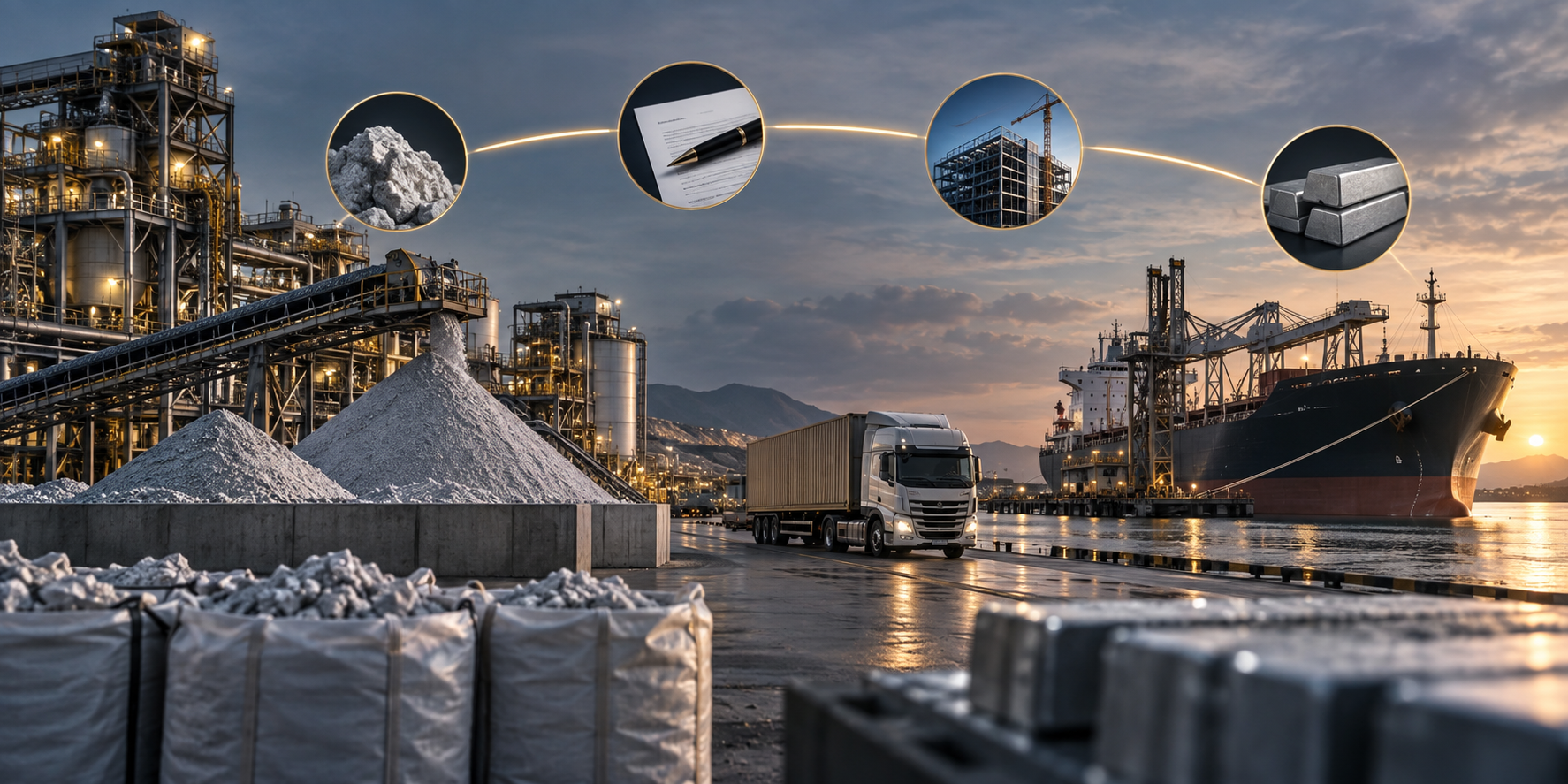 Eine Verarbeitungs- und Logistikkette für kritische Mineralien verbindet verifizierte Produkte, Abnahmeverpflichtungen, Käuferkredite und Projektkapital.