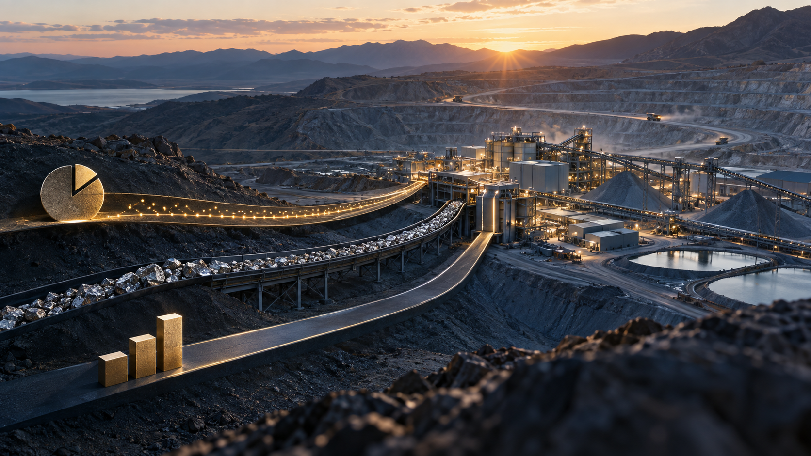 A mining and processing asset connected to three disciplined capital pathways representing royalty, streaming and equity finance.