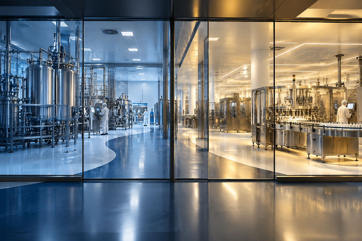 A regulated pharmaceutical manufacturing network connecting customer demand, qualified production capacity, quality control and transaction value.