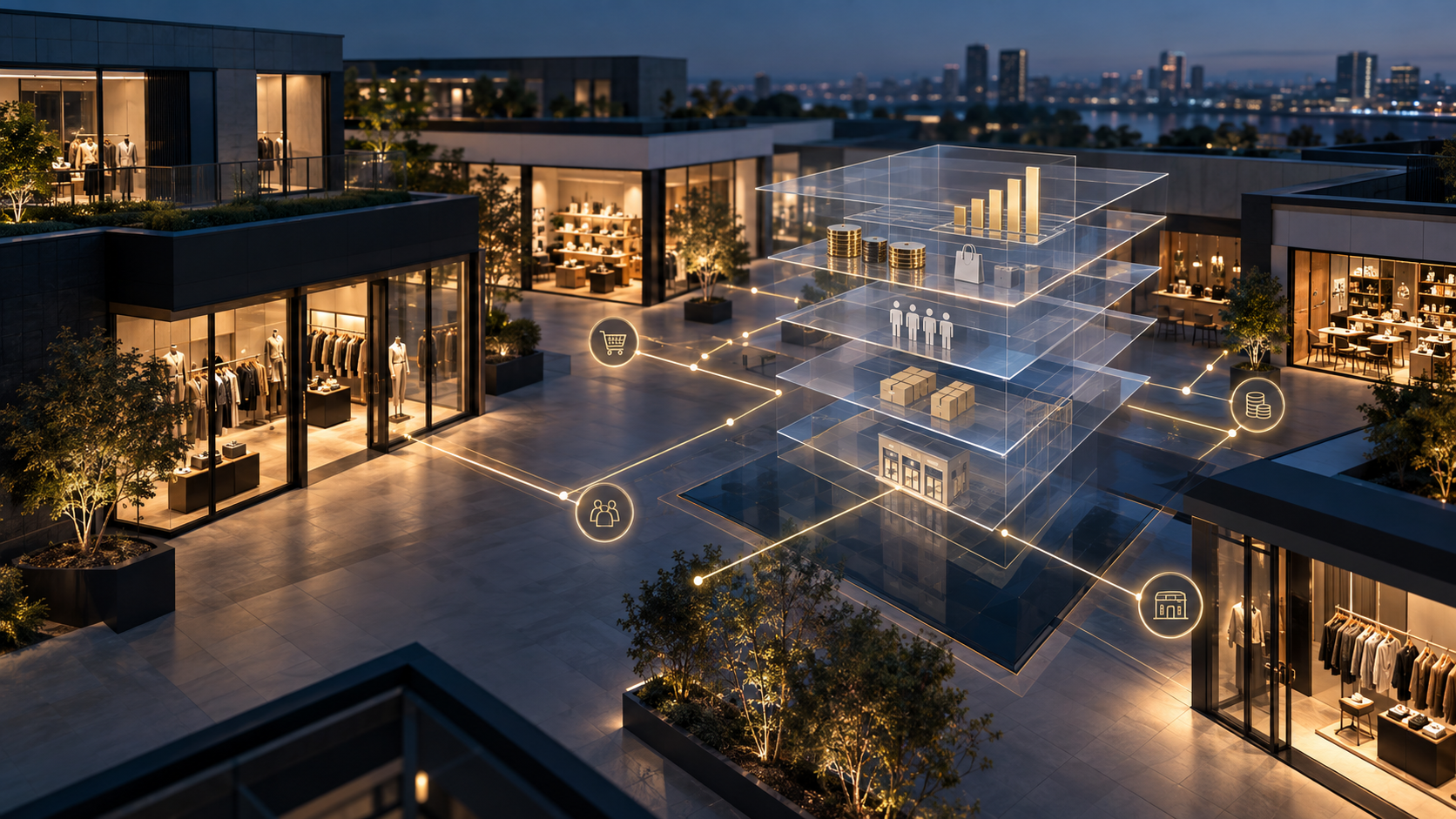 A multi-site retail estate connected to a transparent analytical ledger for sales, labour, inventory, occupancy and cash flow.