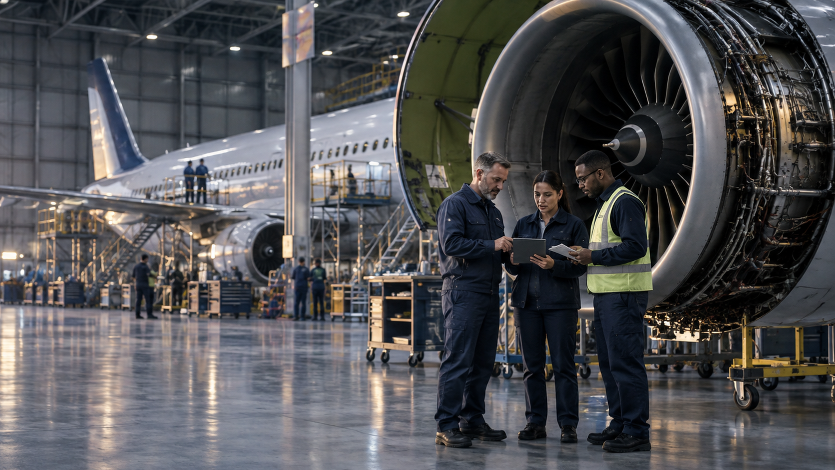 Aviation maintenance engineers and quality specialists reviewing an aircraft engine inside a modern MRO hangar.