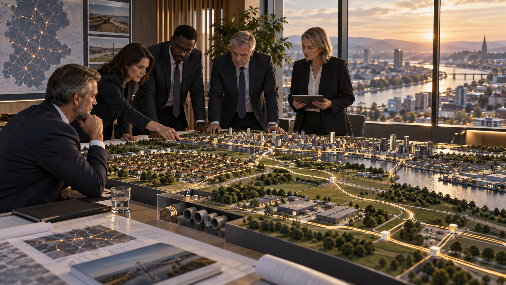 Investoren für digitale Infrastruktur und Telekommunikationsmanager prüfen Glasfaserrouten, Großhandelsnachfrage und stufenweise Finanzierung in einem raffinierten Planungsraum.