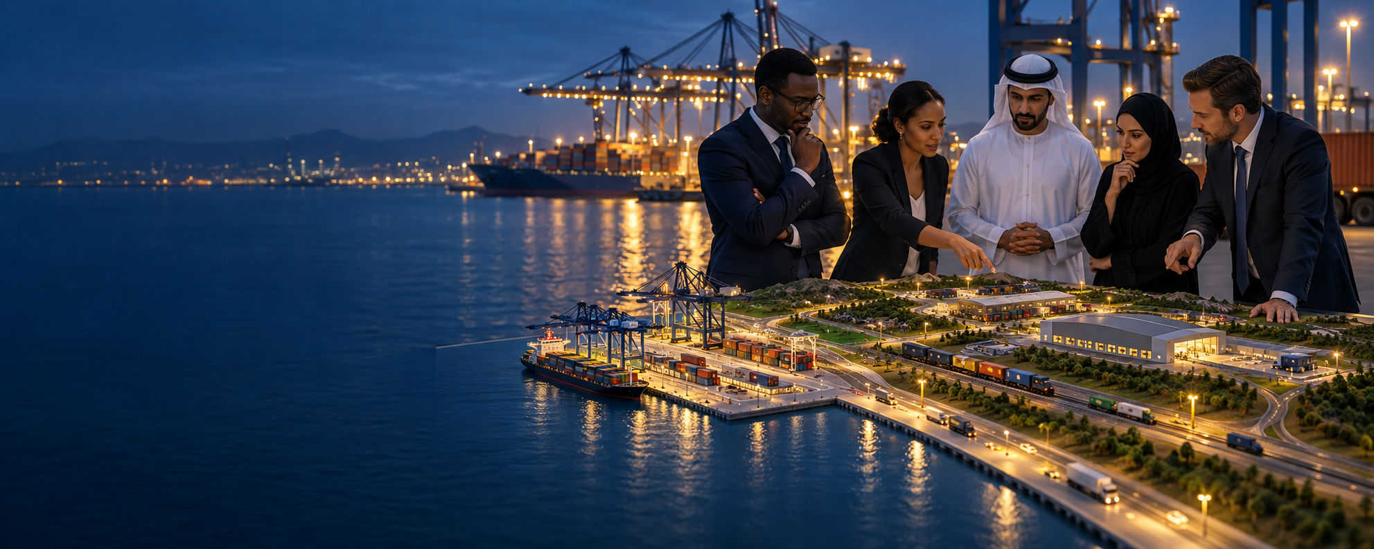 African and Gulf infrastructure financiers reviewing an integrated port, warehouse, rail and road corridor model.