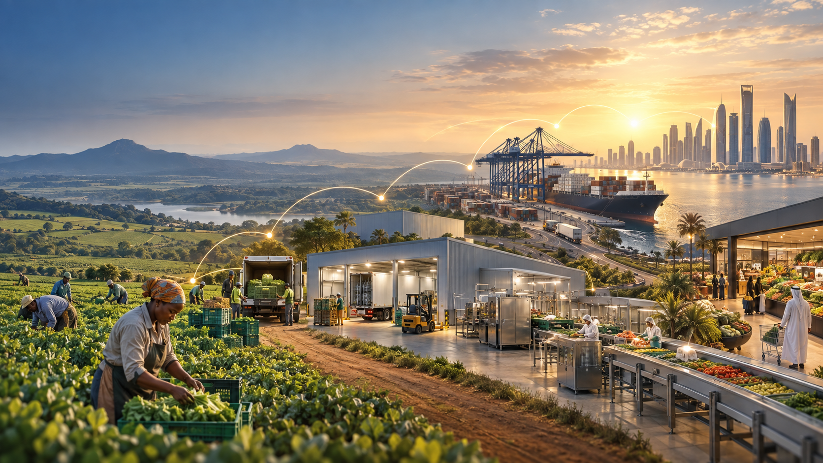 African farms, aggregation, cold chain, processing, port logistics and Gulf food demand connected by capital and data flows.