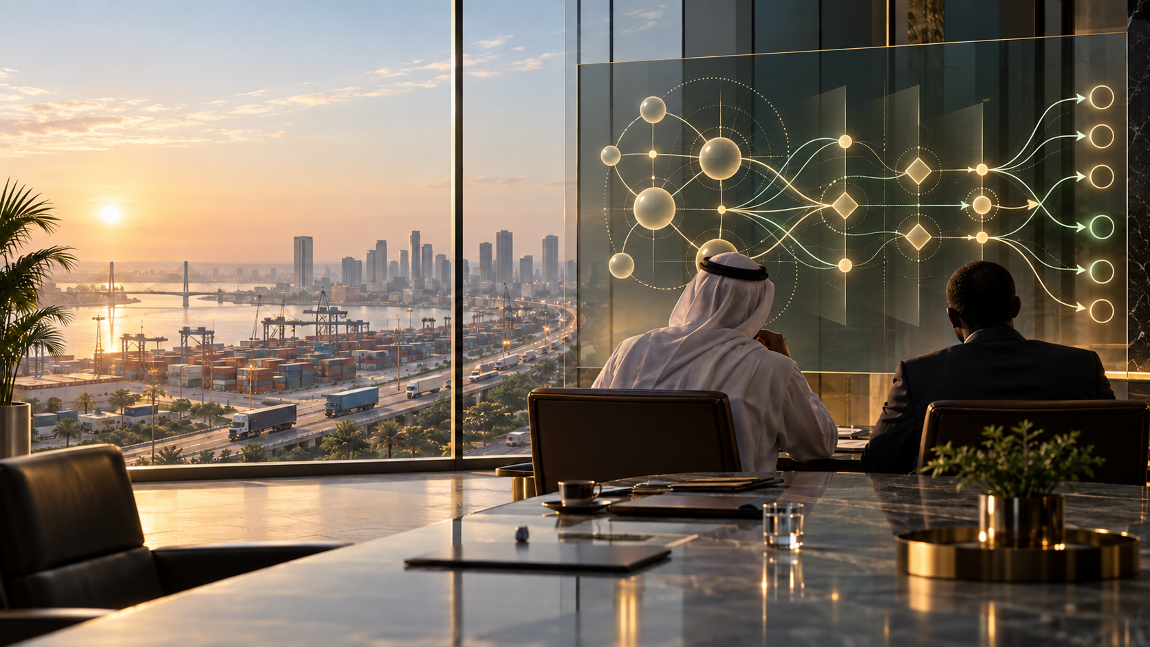 Une équipe d’investissement GCC examine les voies abstraites de propriété, de gouvernance, de flux de trésorerie et de sortie au-dessus d’un corridor logistique africain.