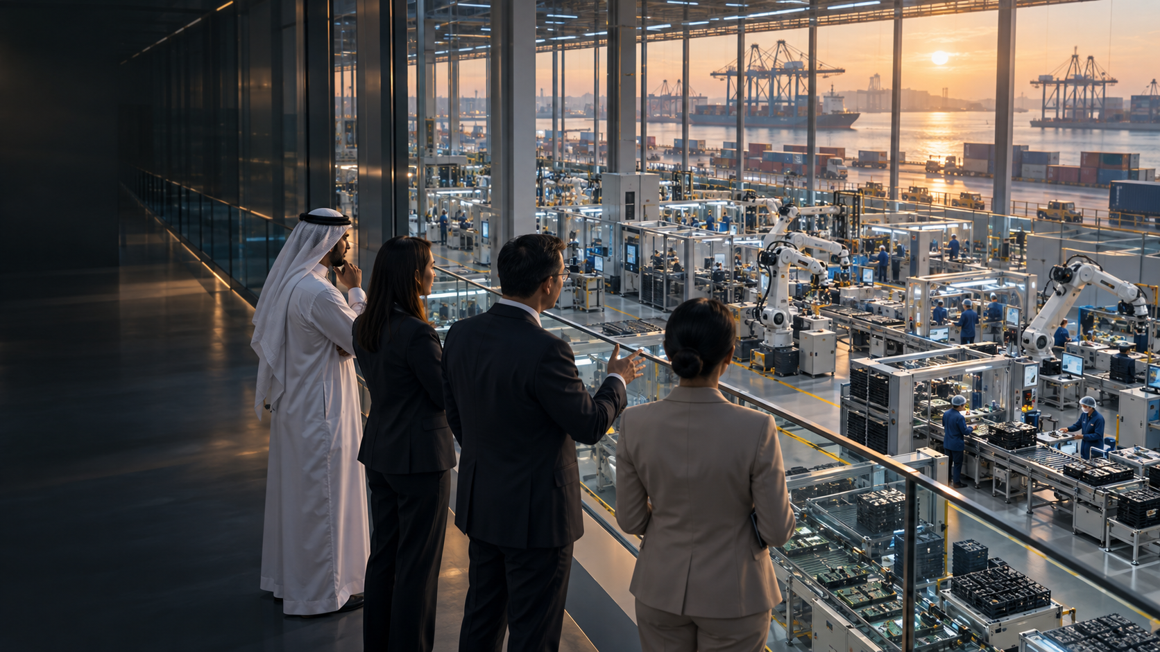 Un equipo de inversión de GCC supervisa una instalación de fabricación avanzada del Sudeste Asiático y una cadena de suministro conectada por puerto.