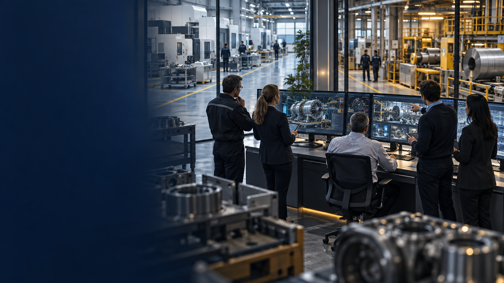UK manufacturing roll-up integration team reviews predictive-maintenance data, industrial sensors and operating evidence across a modern factory.
