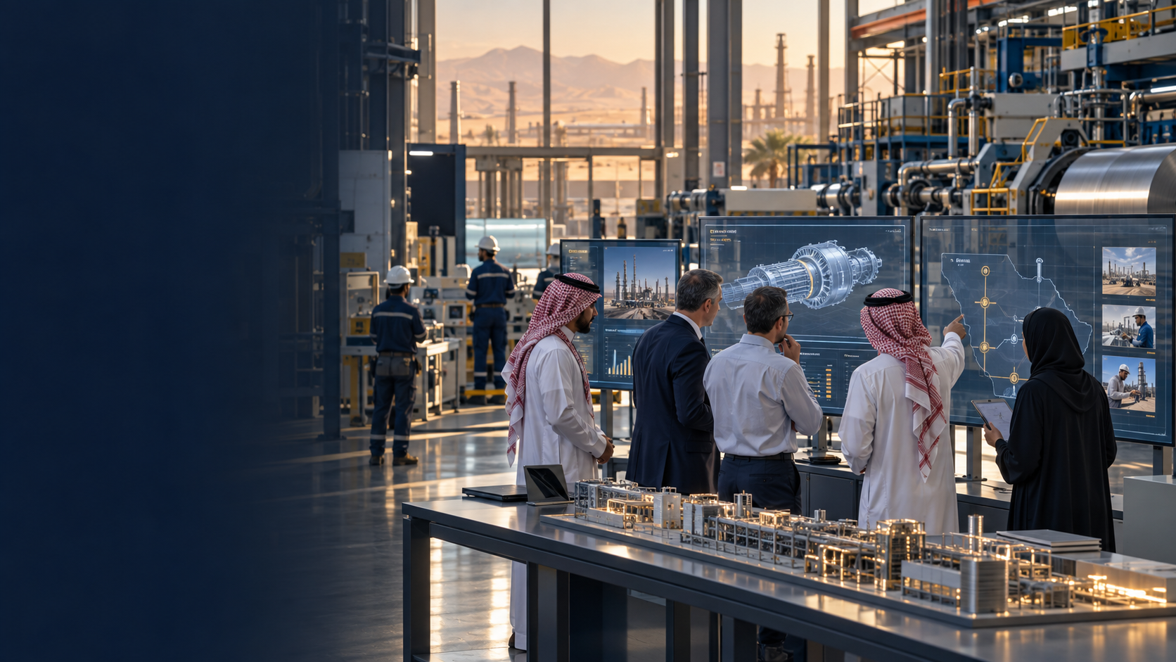 Saudi industrial joint-venture team reviews a manufacturing digital twin, technology-transfer milestones and plant operating evidence.