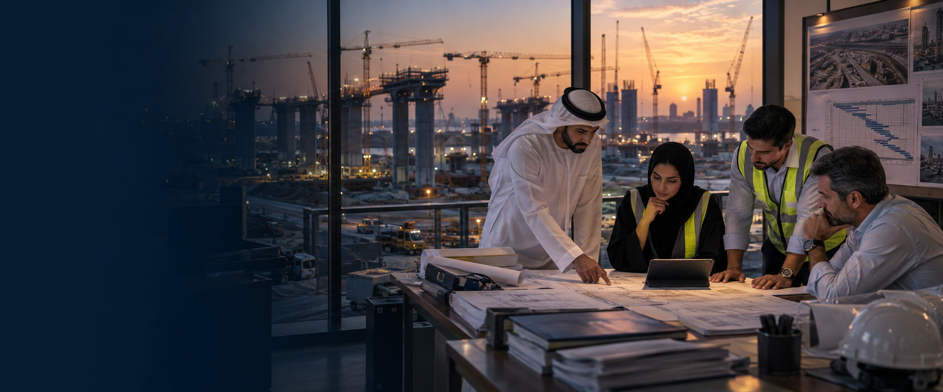 GCC construction transaction team reviews claims, programme and contract-risk evidence for a contractor roll-up.
