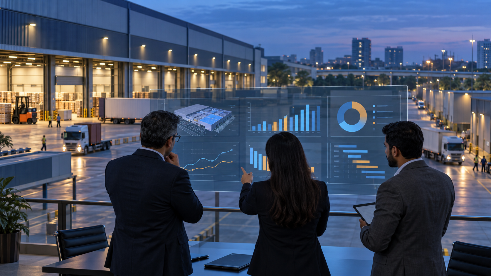 Indian warehouse finance team reviews occupancy, tenant-churn and securitisation analytics overlooking a logistics facility.