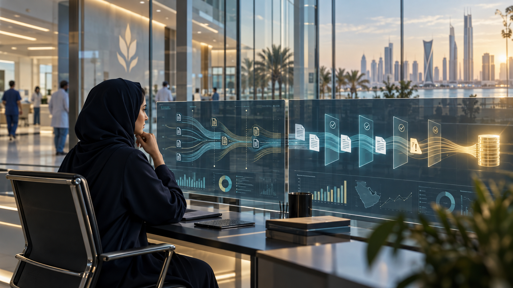 A GCC hospital revenue-cycle analyst reviewing anonymised claim-flow and financing signals in a modern operations centre.