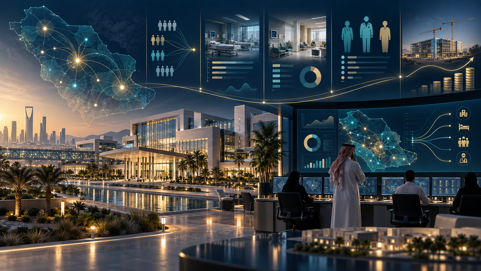Un campus hospitalario saudí y un centro de planificación que integra señales de captación, derivación, capacidad clínica, fuerza laboral y financiación de proyectos.