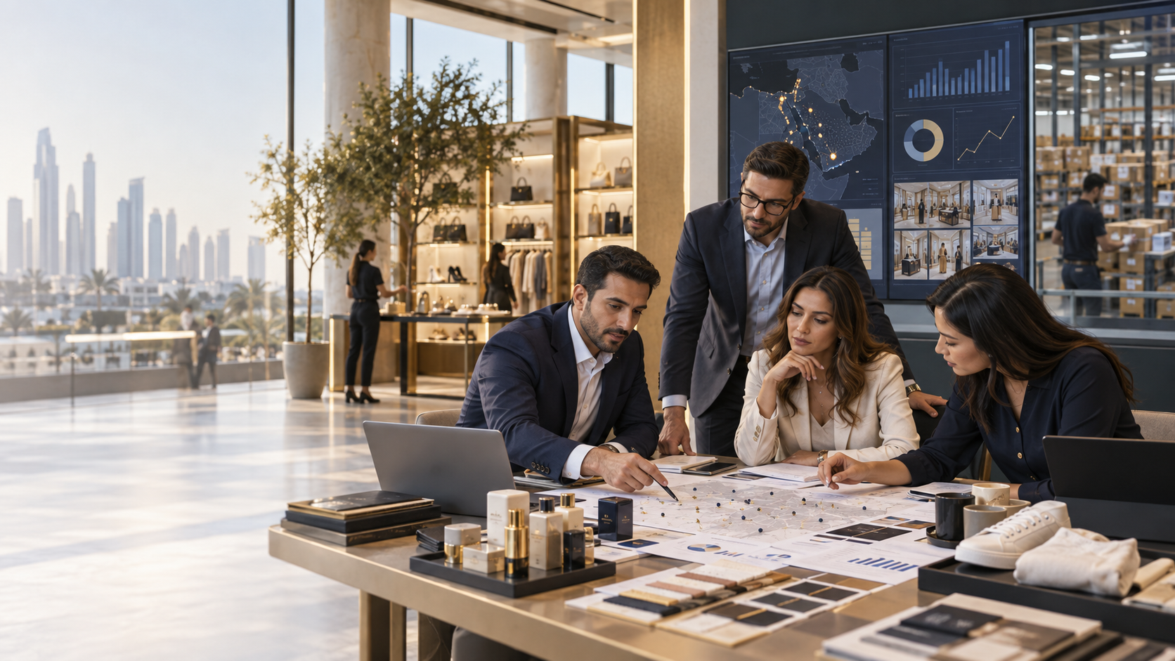 GCC retail and transaction professionals review store, inventory and demand evidence in a contemporary retail environment.