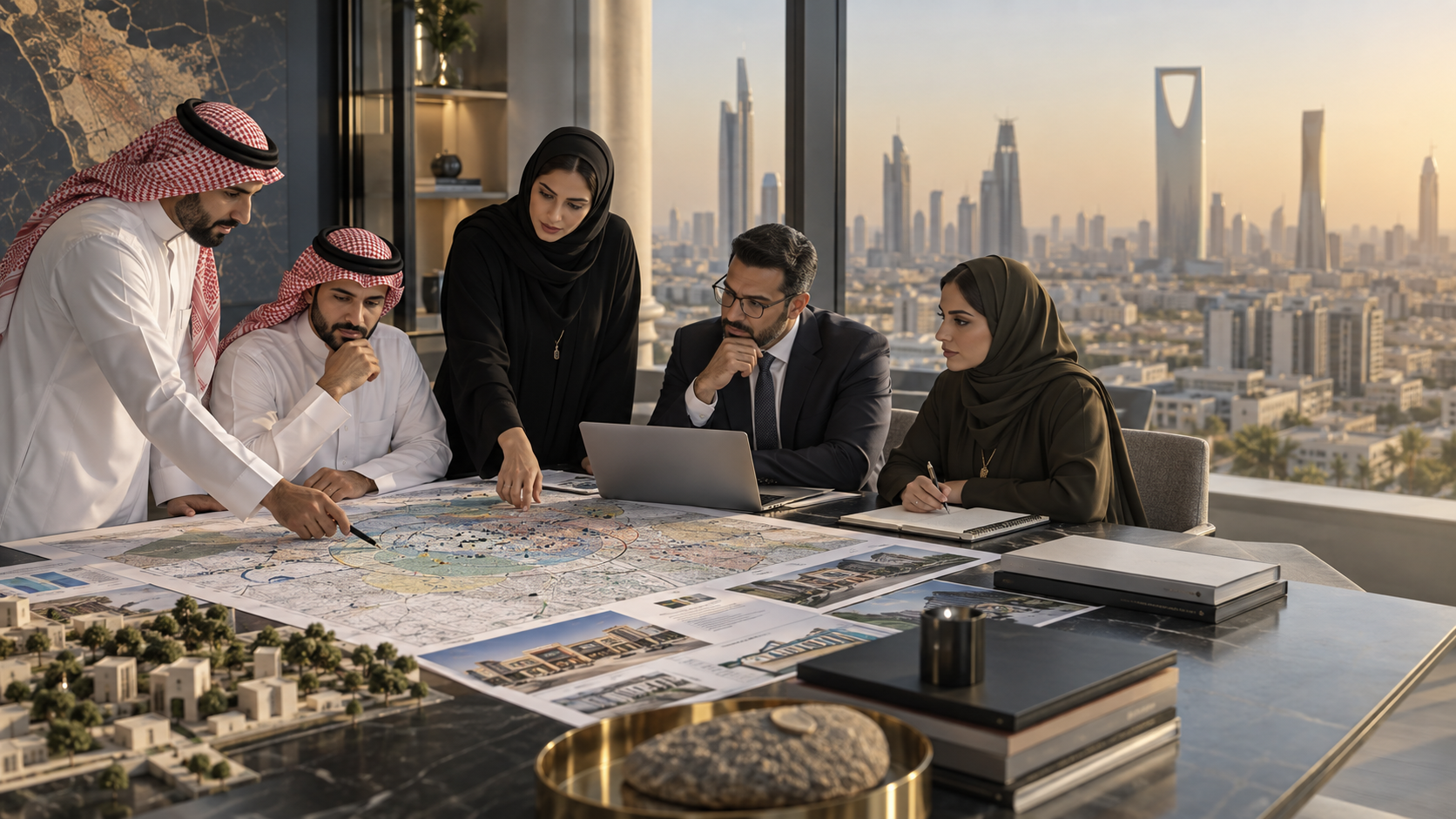 Saudi franchise, property and lending professionals review site-selection and rollout-finance evidence in a modern workspace.