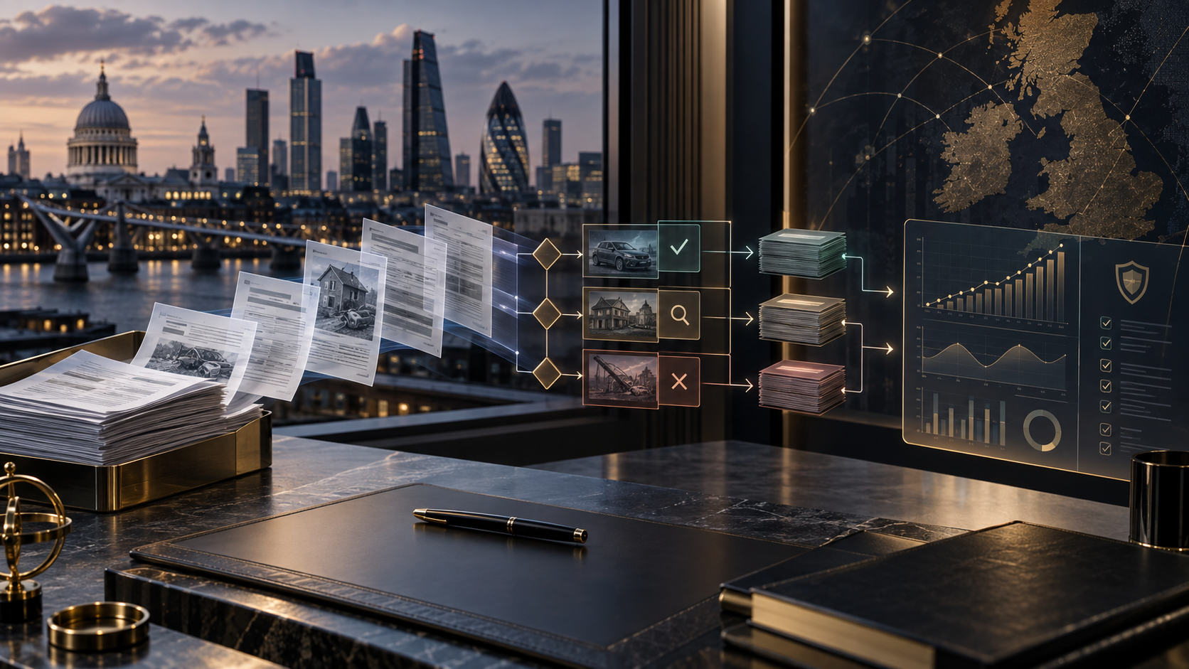 Britse specialistische verzekeringsclaims, financiële en kredietteams beoordelen een AI triage-workflow en bewijs van de schuldcapaciteit.