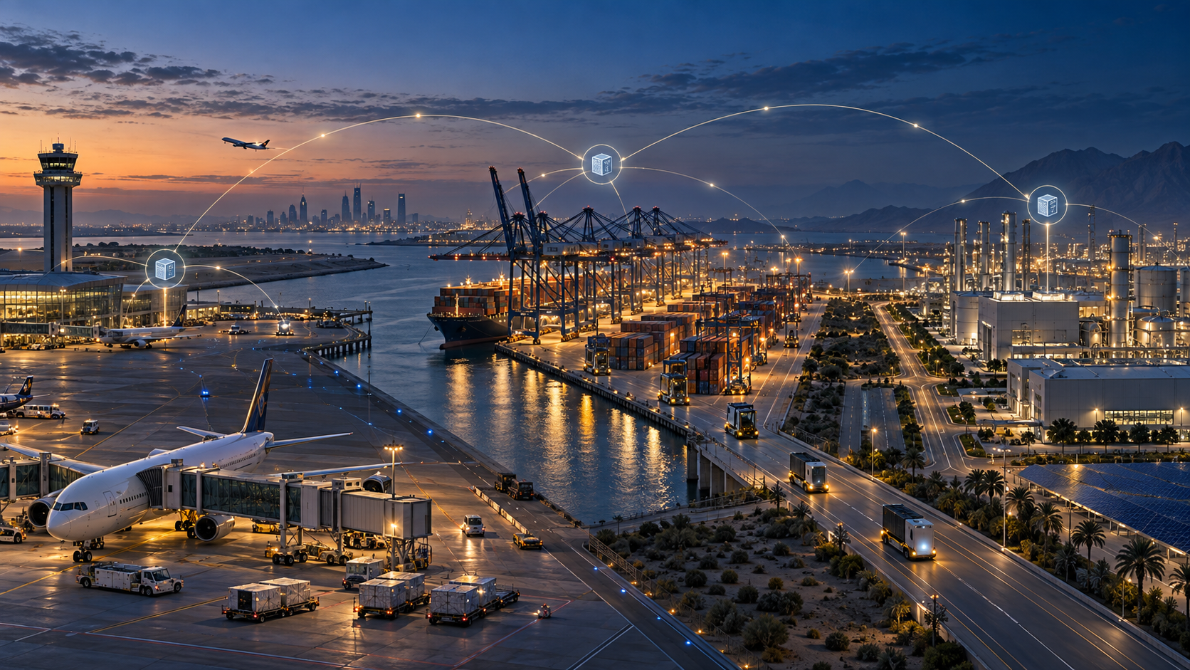 Airport, port and industrial-zone operations connected to a secure GCC edge-AI network.