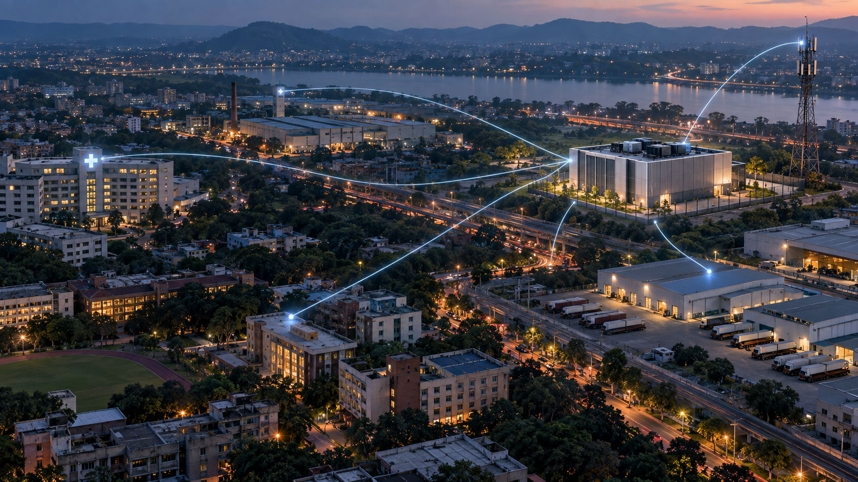 Una ciudad regional india conectada a través de fibra a un nodo de centro de datos de borde compacto.