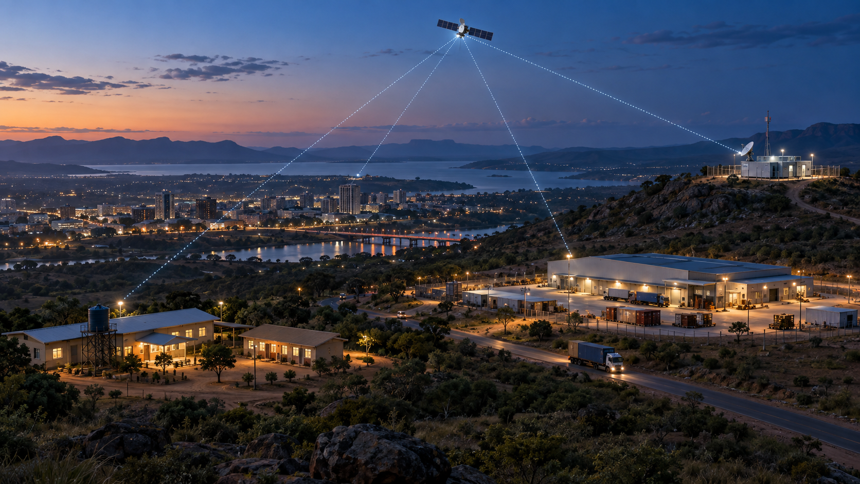 Distributed African communities and enterprise sites connected to modular edge-compute nodes through satellite backhaul.