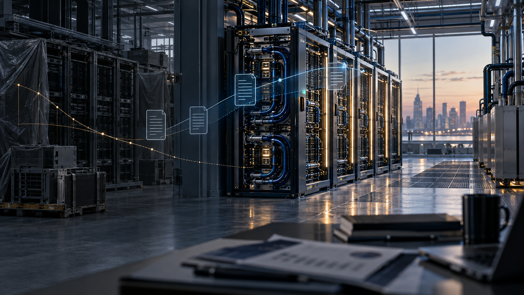 مجموعات GPU الحديثة والقديمة داخل مركز بيانات أمريكي AI، متصلة من خلال تراكبات العقد والإهلاك البسيطة.