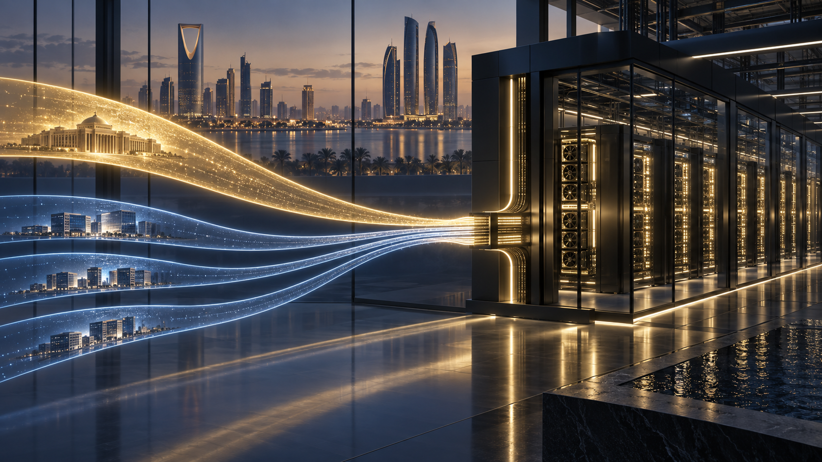 GCC AI datacenter dat soevereine en onafhankelijke commerciële vraagstromen ontvangt in een GPU-infrastructuur met hoge dichtheid.