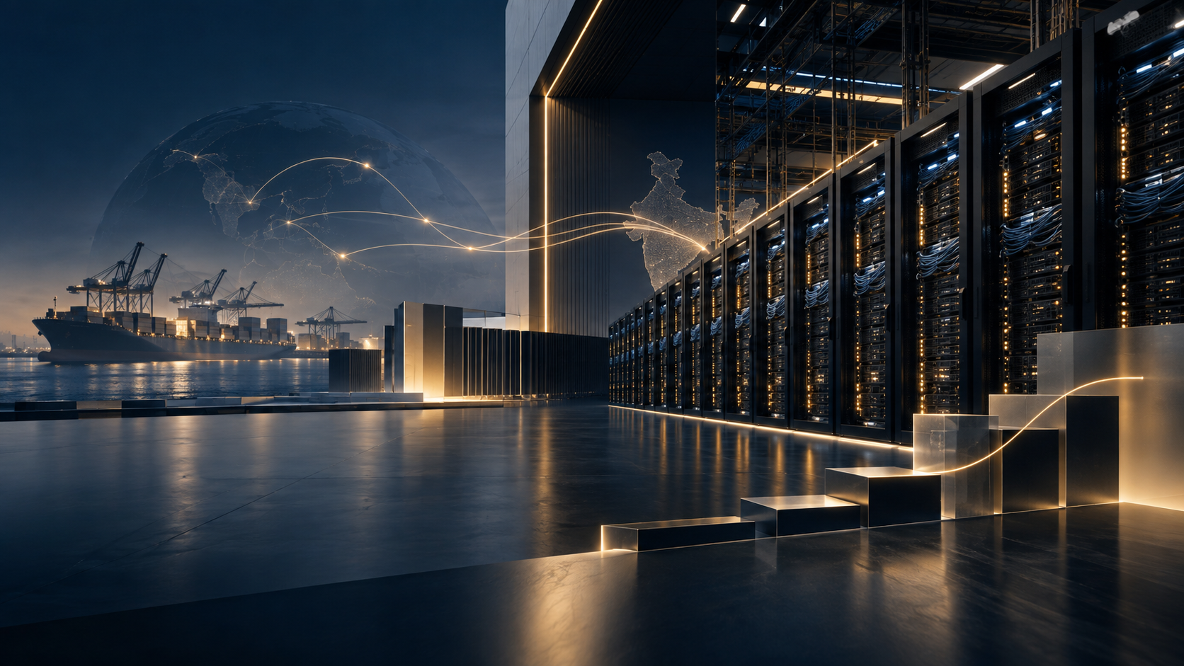 Indian AI data centre linking local customer demand, imported GPU equipment, power infrastructure and financing flows.