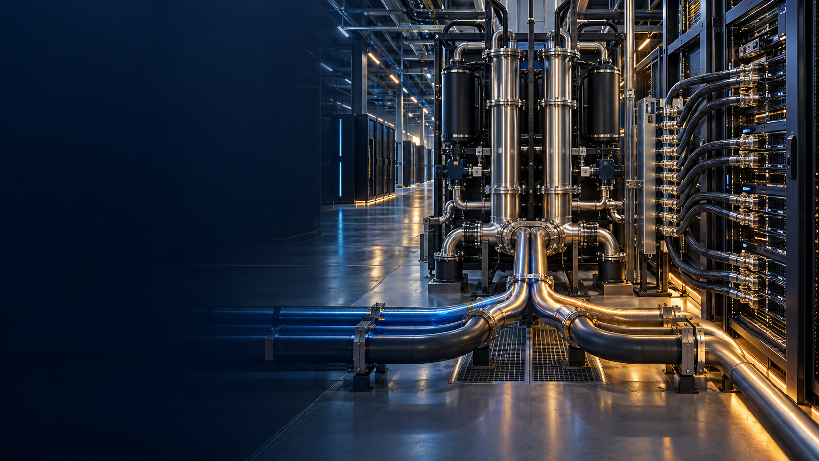 US liquid-cooling retrofit infrastructure linking high-density AI racks, coolant distribution, commissioning evidence and acquisition valuation.