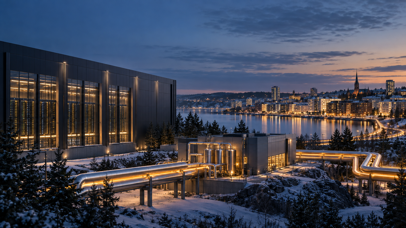 European data centre connected to a district-energy heat-recovery network with heat pumps, insulated pipes and urban buildings.