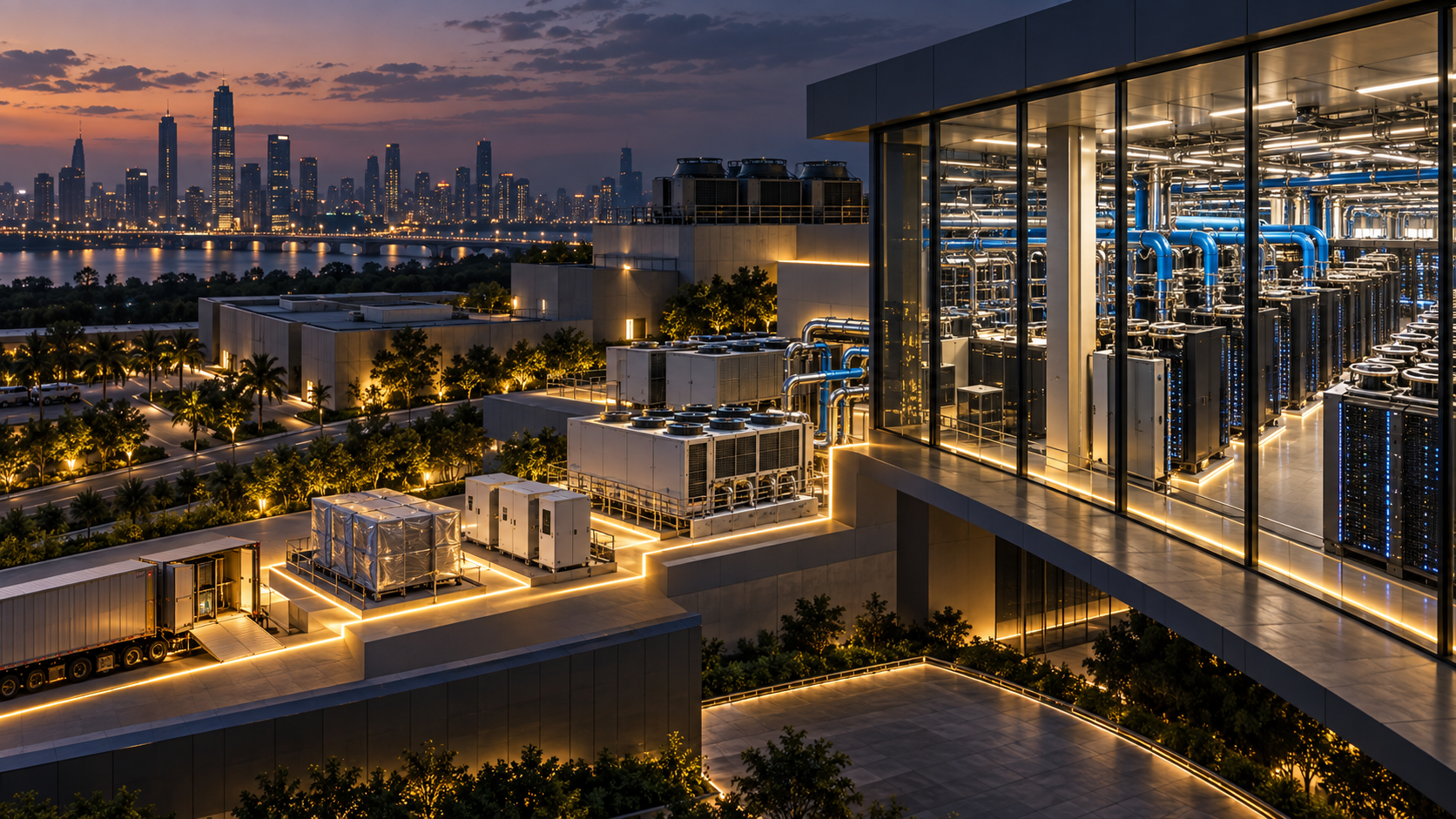 Indian high-density AI data centre with liquid-cooling infrastructure, financing milestones and modern urban infrastructure.