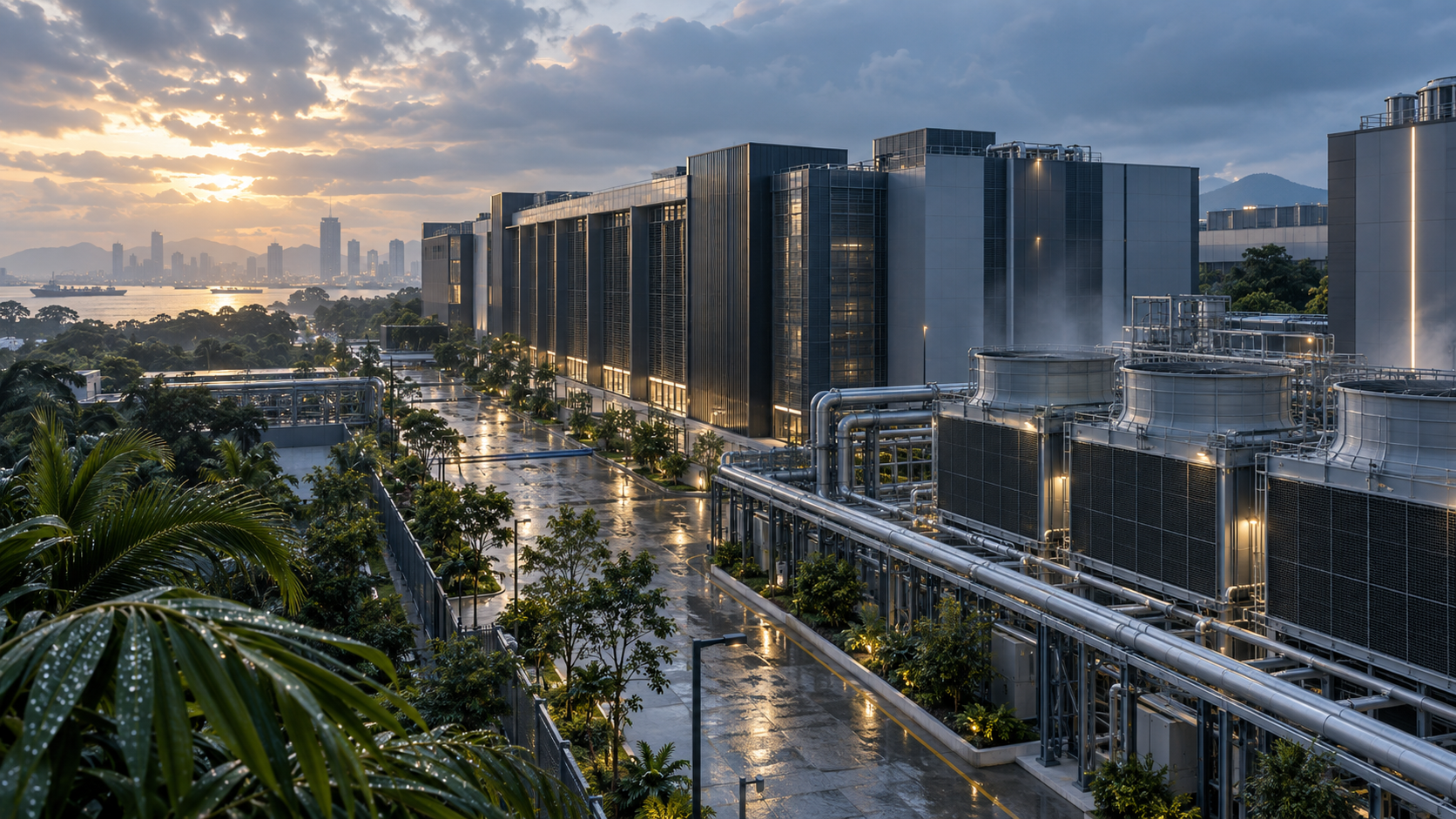 Centre de données tropical d'Asie du Sud-Est avec installation de refroidissement, atmosphère humide et infrastructure numérique moderne.