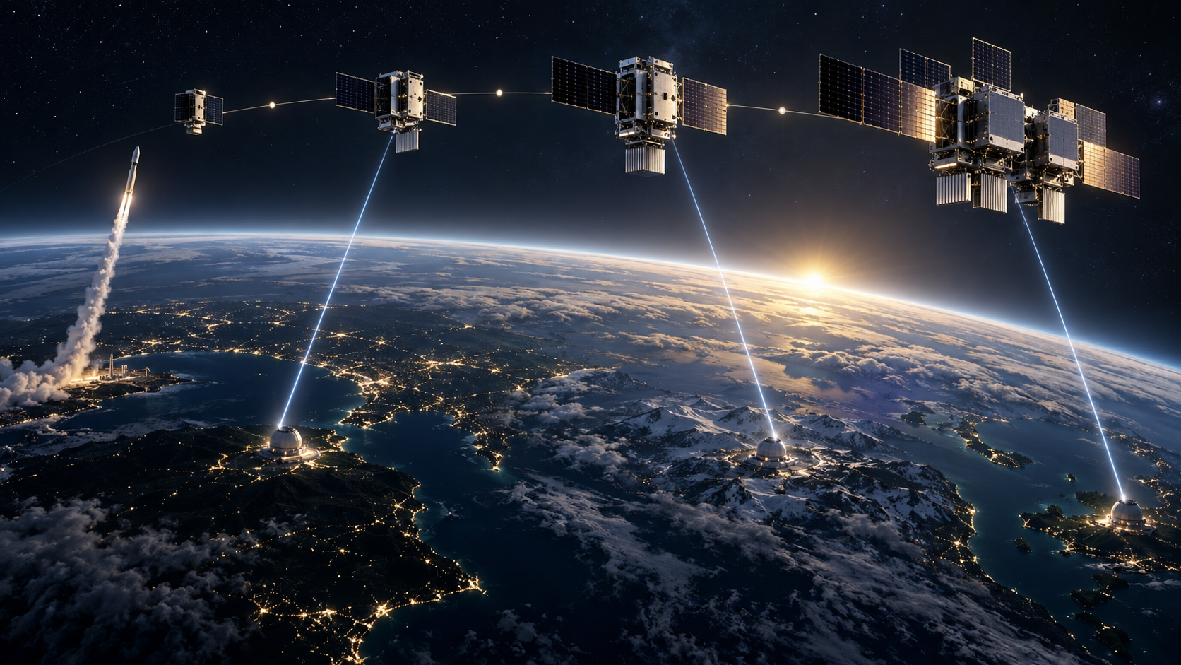 A staged orbital-compute network linking launch, power and optical downlink milestones above Earth.