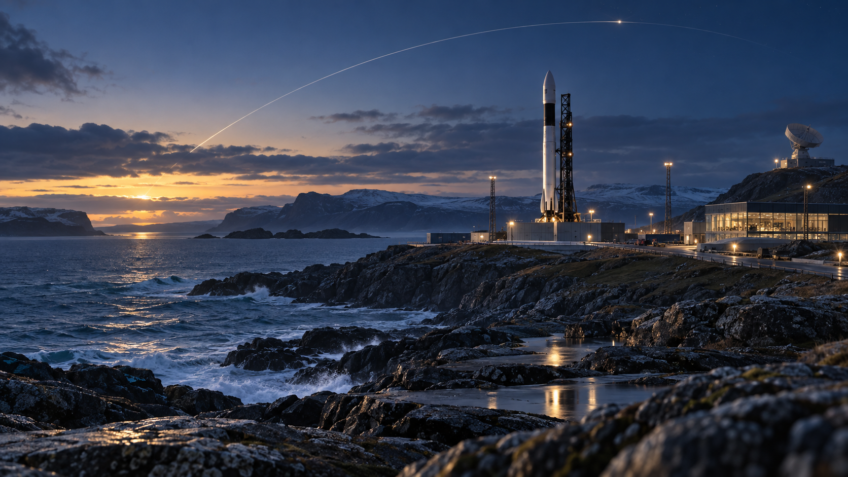 Eine kleine Trägerrakete auf einem Weltraumbahnhof an der Nordküste Großbritanniens mit Reichweiten-Infrastruktur und Flugbahnhinweisen für die Polarumlaufbahn.