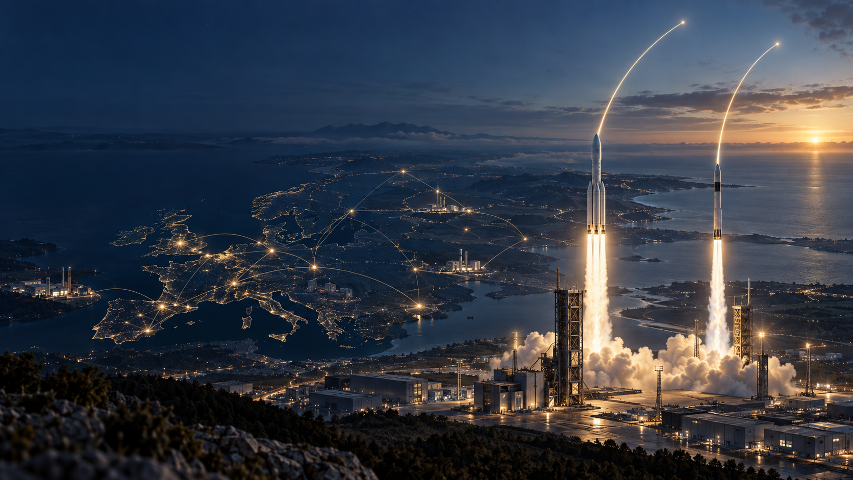 Two launch vehicles rise from separate European pads above an interconnected industrial network, representing consolidation with strategic redundancy.