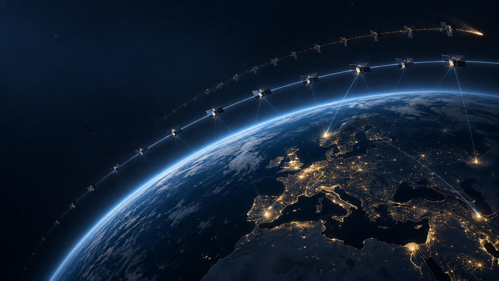 Deux générations de satellites à large bande orbitent au-dessus de réseaux terrestres éclairés, représentant le remplacement d’une cohorte et la continuité du service.