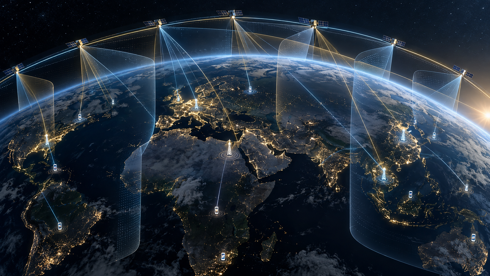 Uma constelação de satélites conecta nós e dispositivos de redes móveis através de corredores de espectro controlados acima da Terra.