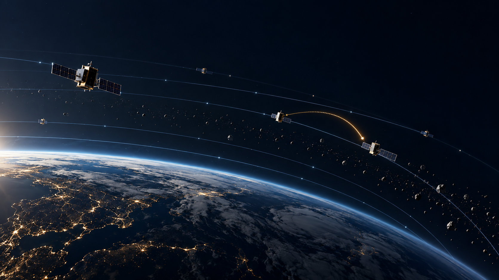 Satellites cross multiple orbital shells above Earth while one executes a collision-avoidance manoeuvre through a sparse debris field.