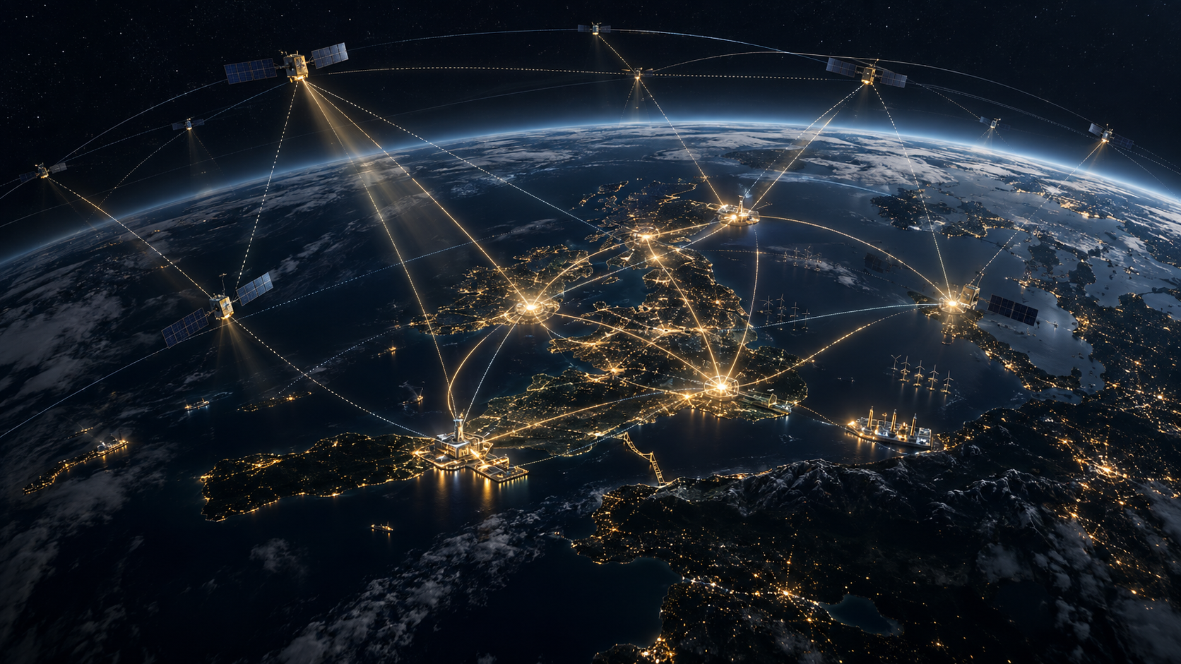 A resilient satellite constellation links Earth, cities and critical infrastructure through secure multi-orbit network paths.