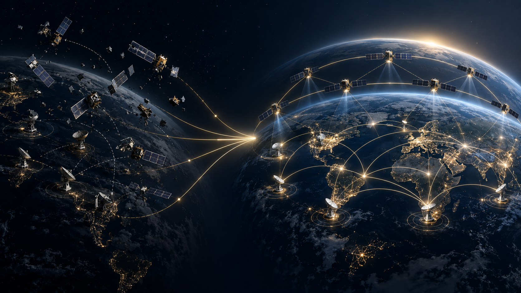 Fragmented satellites and ground assets converge into a coherent global constellation and operating network.