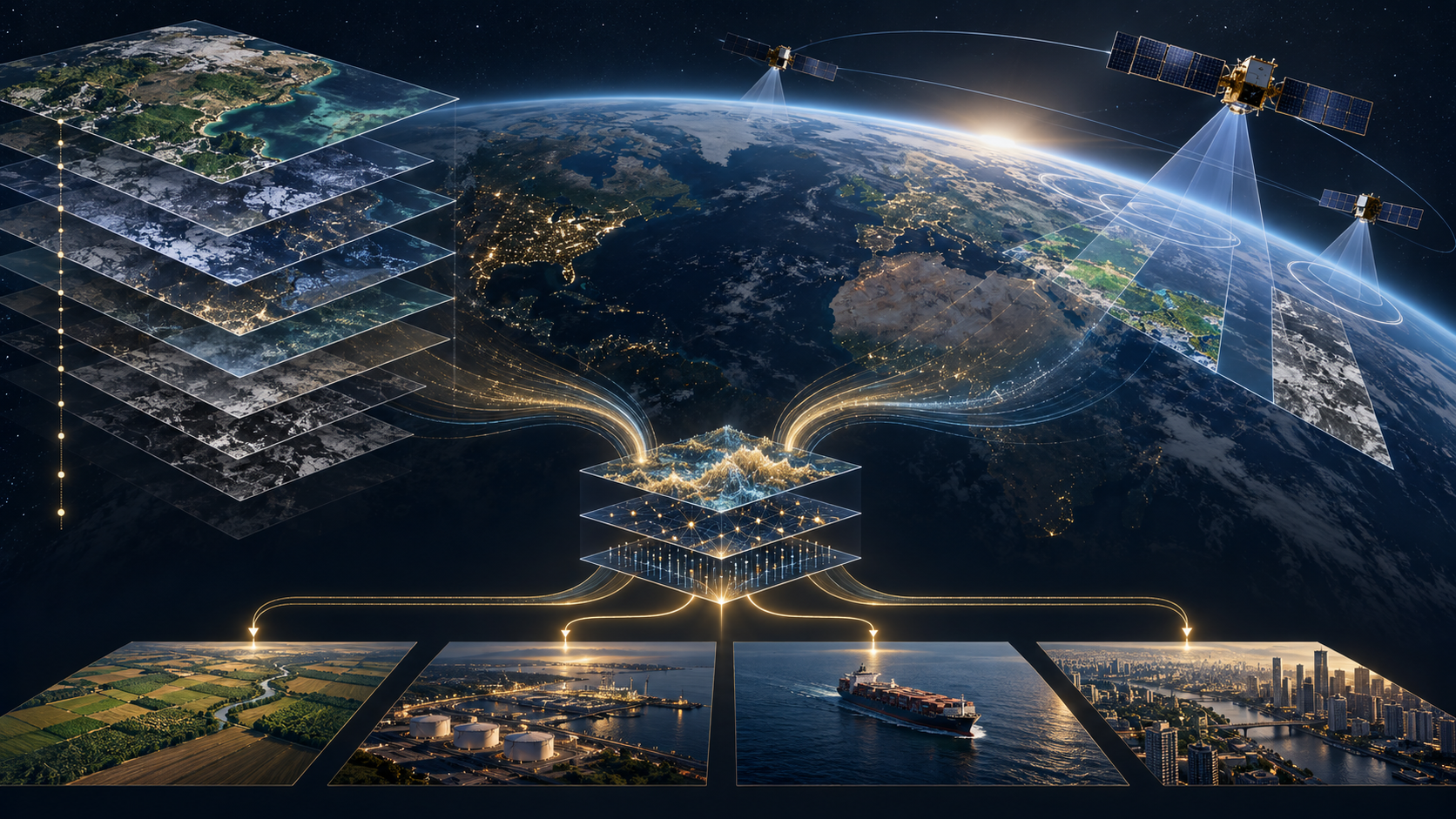 Historical Earth-observation archive layers and an active sensor constellation converge into analytical customer workflows.