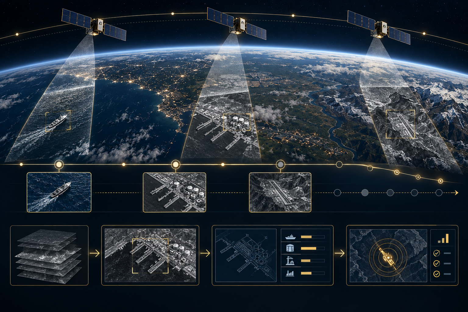 A SAR constellation allocates finite orbital access across maritime, infrastructure and terrain targets before converting radar data into customer decisions.