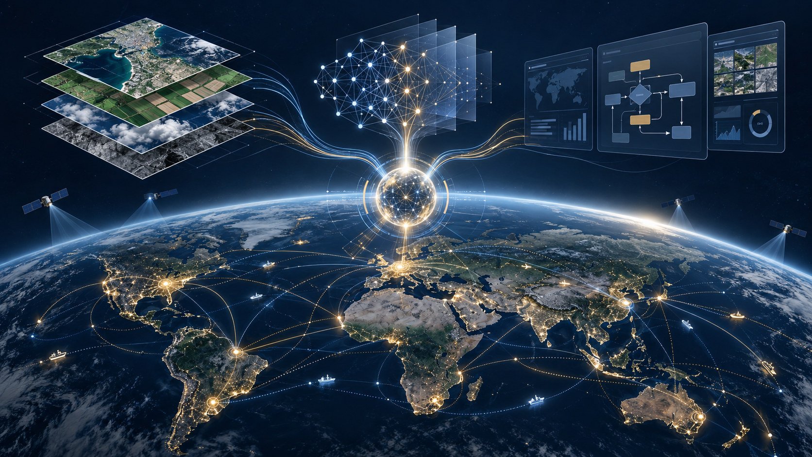 Geospatial imagery layers, machine-learning models, enterprise workflows and global distribution routes converge into one customer decision platform.