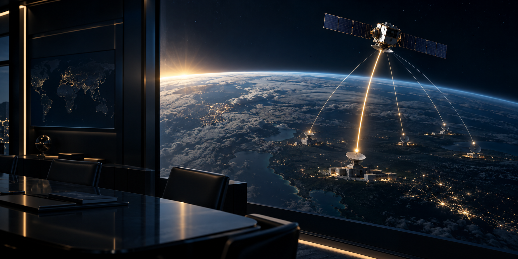 A satellite observes Earth while branching government contract pathways move through funding, renewal and cash-conversion gates.