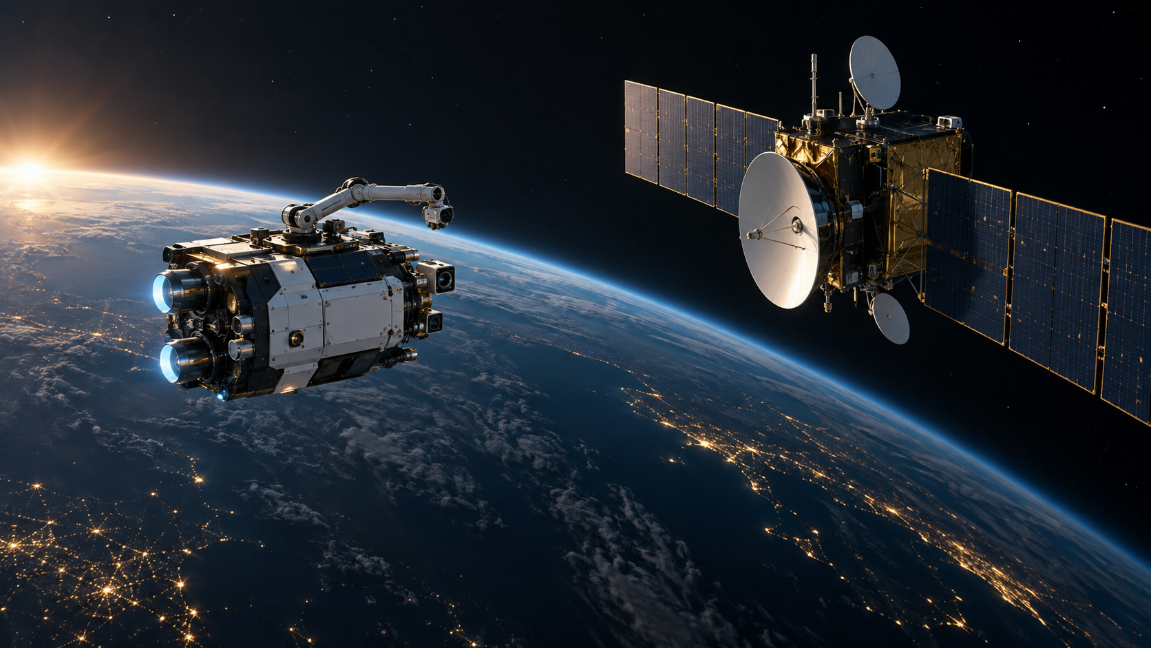 An orbital servicing vehicle approaches a communications satellite while mission telemetry and trajectory displays guide a controlled rendezvous.
