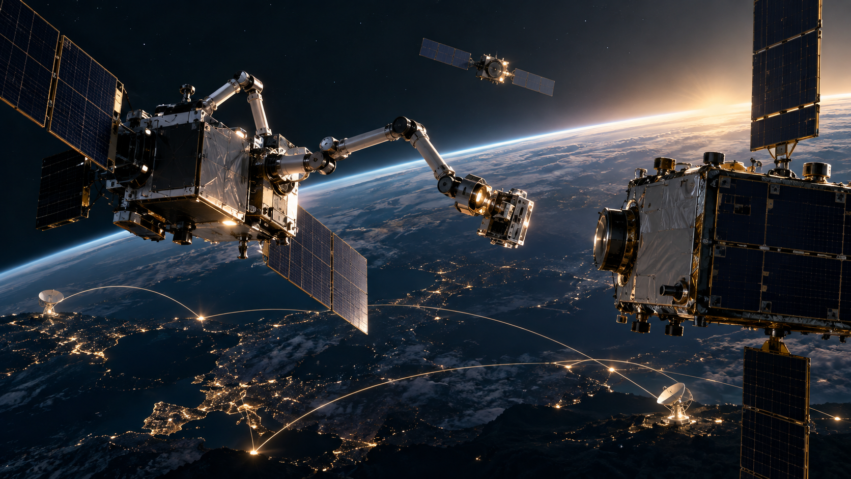 A robotic in-orbit servicing vehicle approaches a client satellite while a smaller rendezvous craft and ground-network links frame the mission architecture.