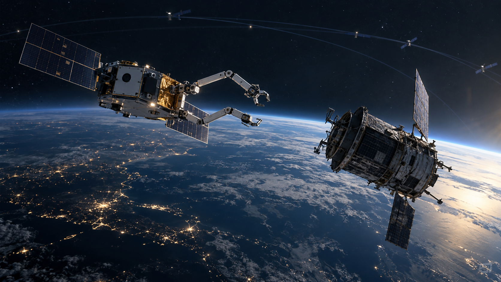 A robotic debris-removal spacecraft approaches a defunct satellite above Earth while orbital paths frame the public-infrastructure mission.