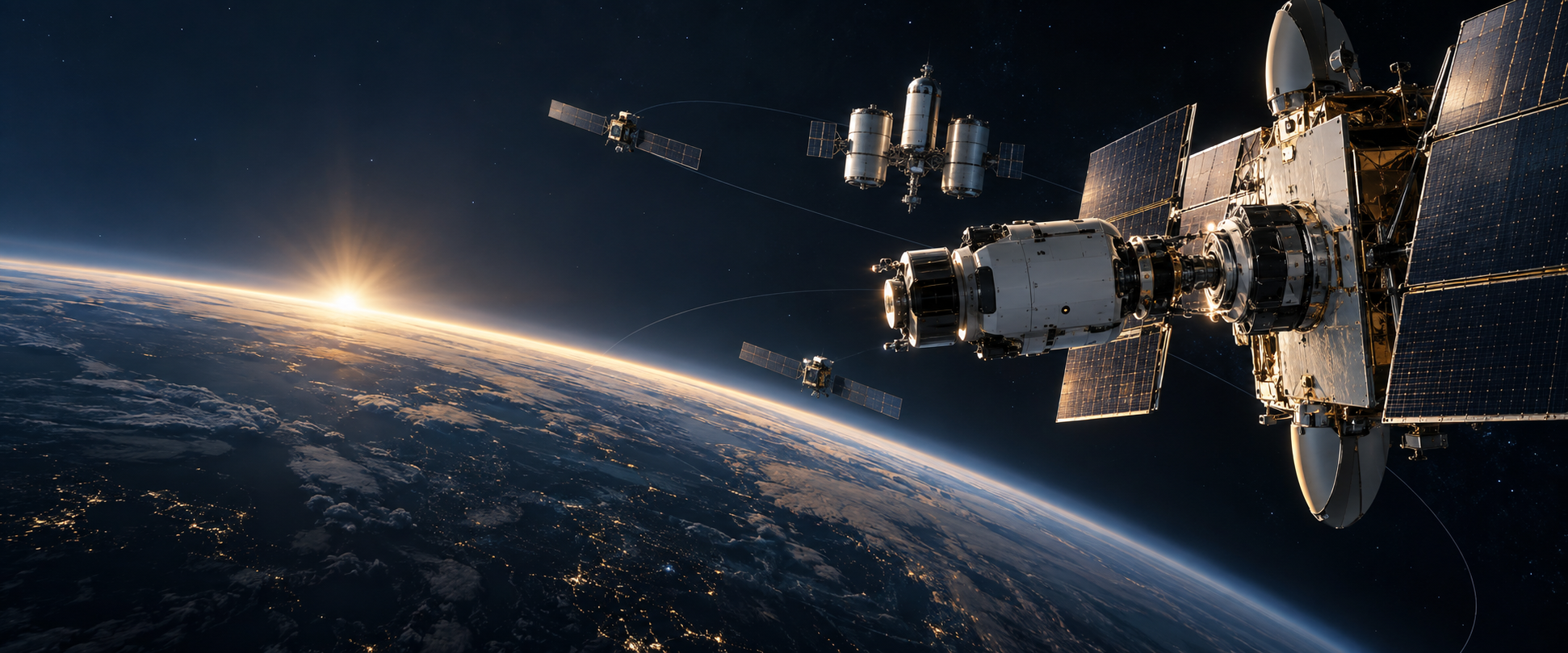 An orbital servicing vehicle refuels a compatible satellite while a fuel depot and additional spacecraft form a developing logistics network above Earth.