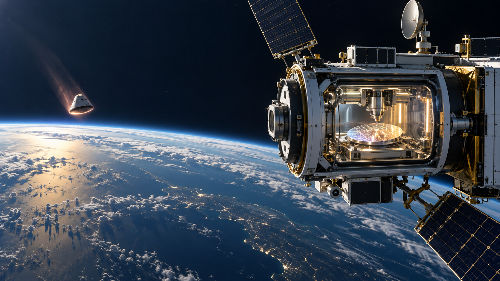 An orbital manufacturing spacecraft processes high-value material while a return capsule prepares to carry the qualified output to Earth.