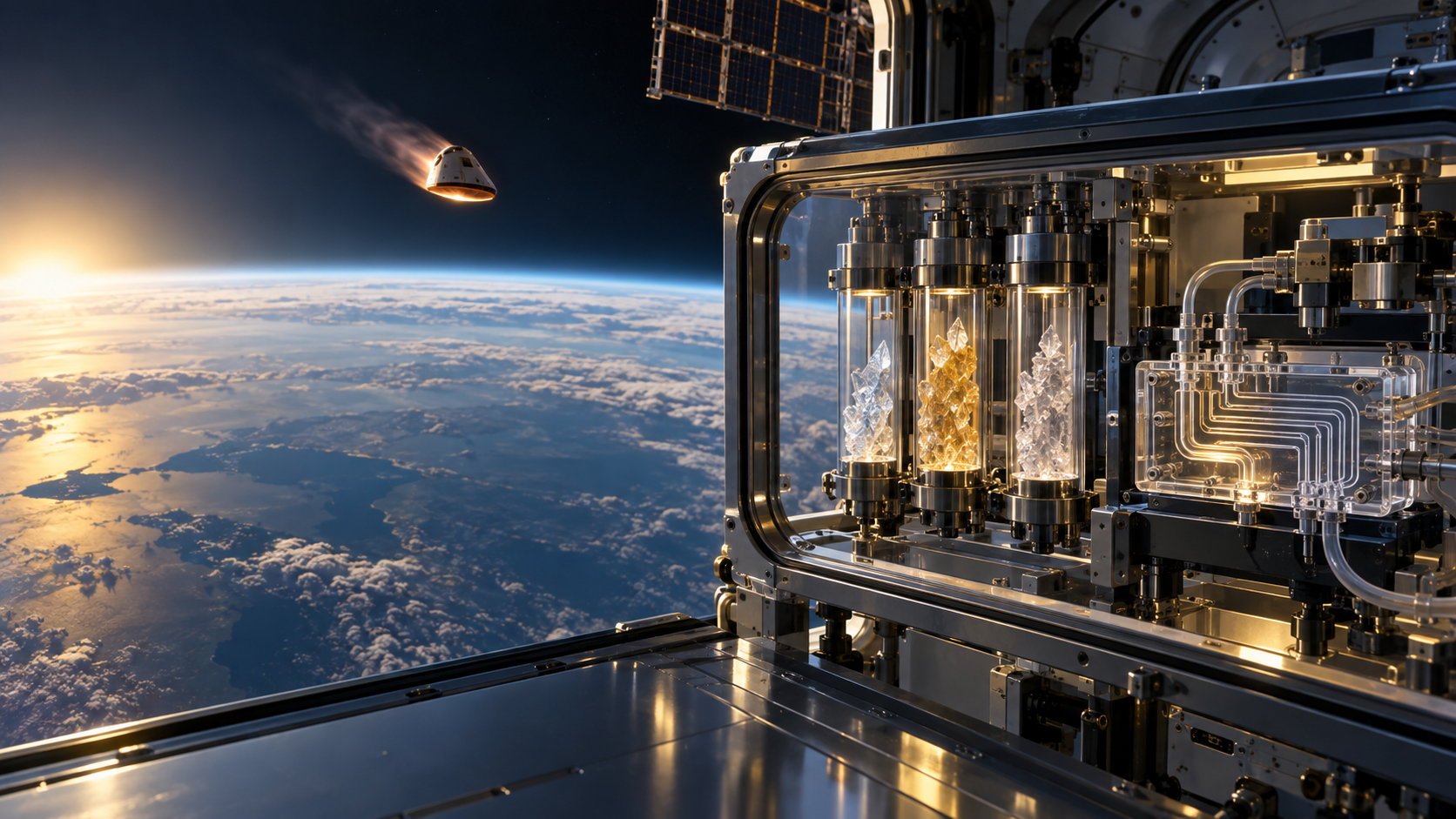 Una carga útil de cristalización farmacéutica opera en un laboratorio orbital limpio, mientras que una cápsula de retorno transporta muestras controladas hacia la Tierra.