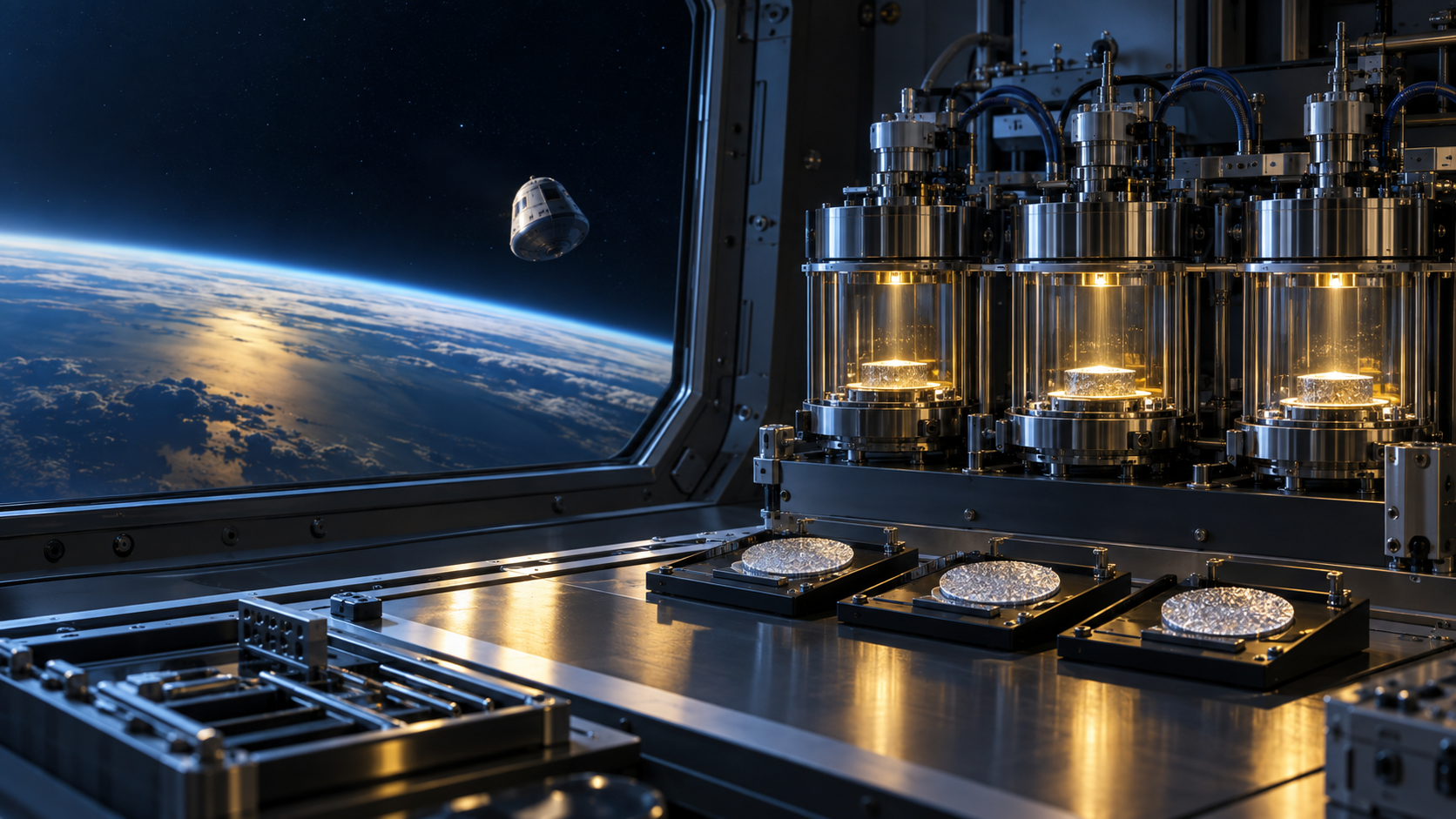 A precision orbital materials laboratory processes crystalline samples above Earth while repeat batches are monitored through controlled instrumentation.