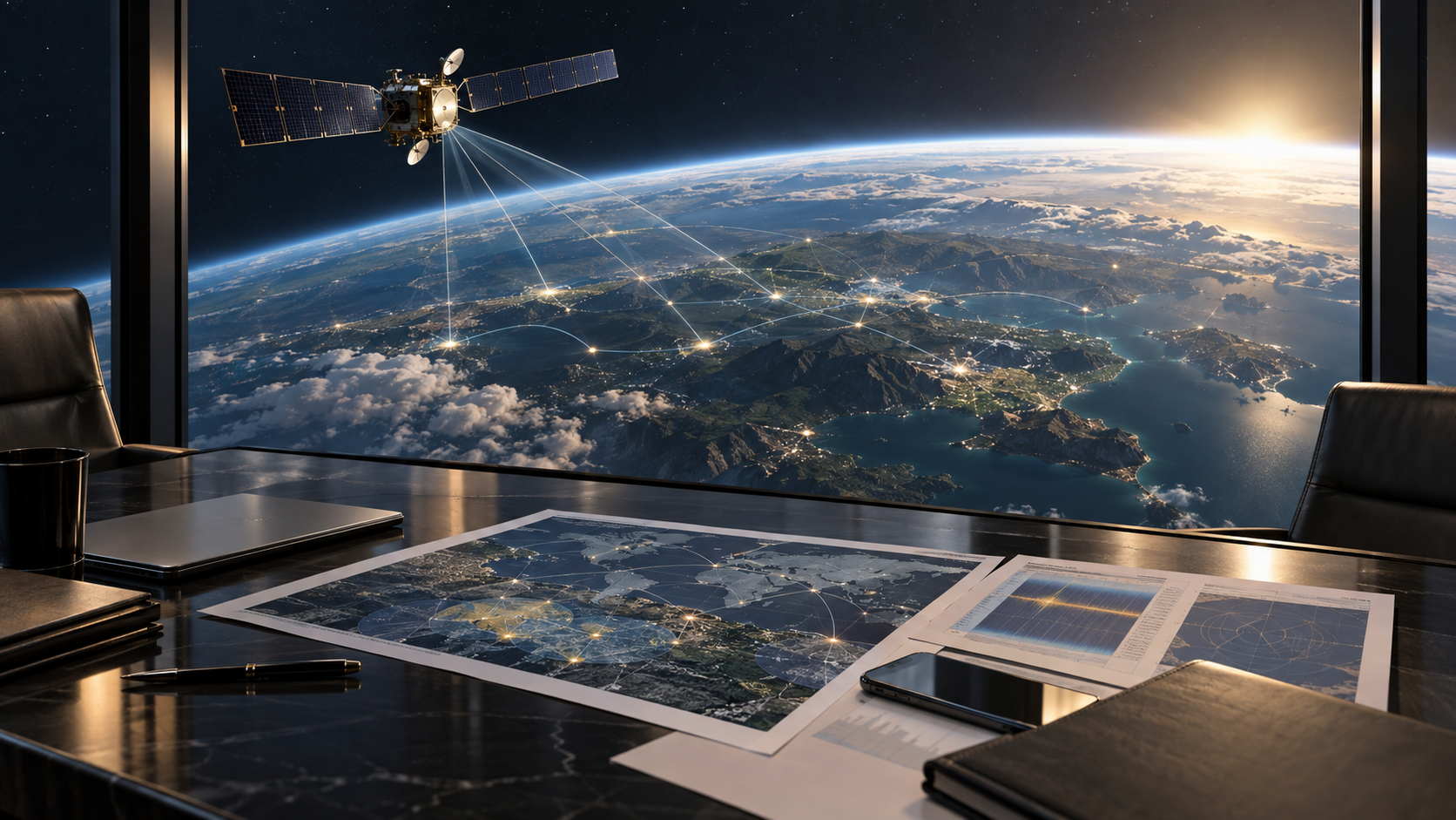 Ein von einem Transaktionsraum aus betrachtetes Satelliten-zu-Mobilfunk-Netzwerk mit Spektrum- und Netzwerkplanungsmaterialien und ohne sichtbares Branding.